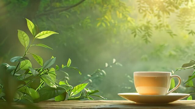 cup of tea with leaves background. 4k video animation