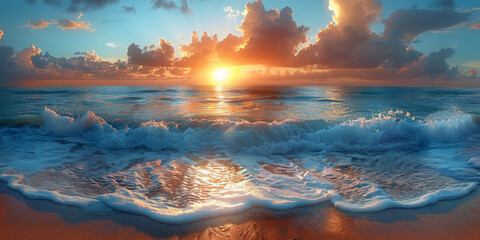 Beautiful sunset over the sea. Sunset beach with crashing waves.  Reflections shimmering on the water. - 745096639
