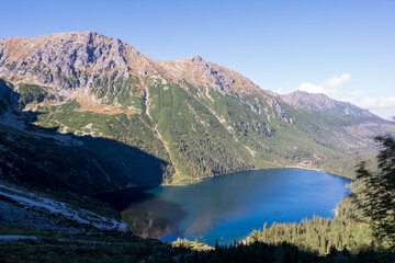 View from Czarny Staw pod Rysami across stunning Morskie Oko Lake in Poland's Tatra National Park...