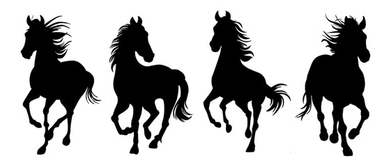 Set of running wild horse black silhouettes. Monochrome vector illustrations, icons isolated on transparent background.