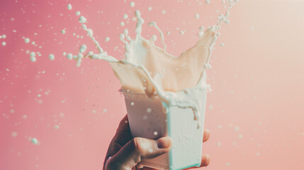 Energetic Milk Splash from Carton in Hand, High-Speed Photography, Fresh Dairy Concept, Dynamic Liquid Motion Against Pink Background, Healthy Calcium-Rich Beverage, Vibrant and Refreshing Image.