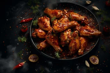 Foto auf Acrylglas Spicy glazed chicken wings on a dark plate with herbs and chili peppers. © Hype2Art