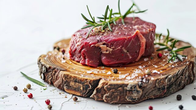 juicy beef on a rustic wooden board, raw, advertising image for a butcher shop, a juicy piece of ancho