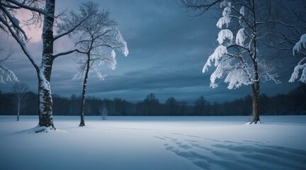 Arctic trees stand silently under a peaceful wintry night 