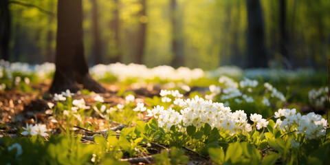 White spring flowers on forest floor - 745097435