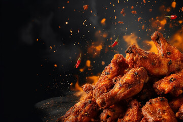 Spicy chicken wings with visible hot seasoning and splashes. - obrazy, fototapety, plakaty