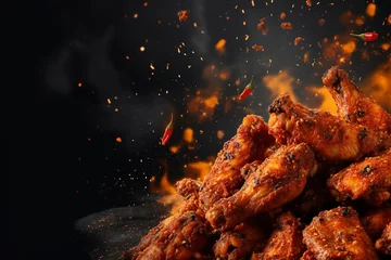 Keuken spatwand met foto Spicy chicken wings with visible hot seasoning and splashes. © Hype2Art
