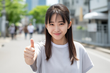 Teen pretty Japanese girl at outdoors with thumb up