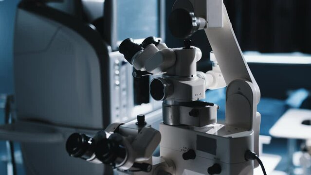 Interior of a modern ophthalmology operating room with modern equipment. The concept of new ophthalmological and modern technologies for vision correction and treatment.