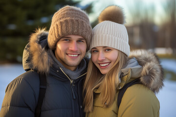 Young couple at outdoors in winter clothes