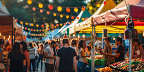 outdoor food festival, featuring various food stalls with colorful and appetizing cuisine, people sampling different dishes, and a lively atmosphere