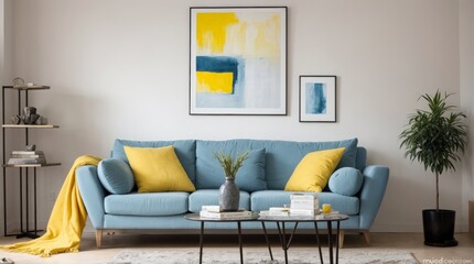 Charming home setup with blue sofa, yellow cushions, and contemporary art 