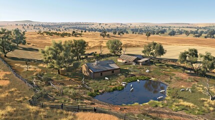Fototapeta premium large Western Australian sheep farm, aerial view, farm house, sheep, small dam, summer clear sky, photo realistic, --ar 16:9 --v 6 Job ID: 69b46718-8ca9-4418-822d-ca29e44afef2