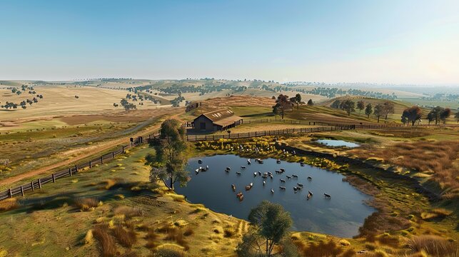 large Western Australian sheep farm, aerial view, farm house, sheep, small dam, summer clear sky, photo realistic, --ar 16:9 --v 6 Job ID: 69b46718-8ca9-4418-822d-ca29e44afef2