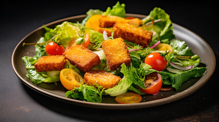 Fresh vegetarian salad on wooden plate healthy meal ,Fresh gourmet salad on wooden plate, healthy meal ,A gourmet Caesar salad with grilled fillet and fresh vegetables,A vegan tofu salad 
