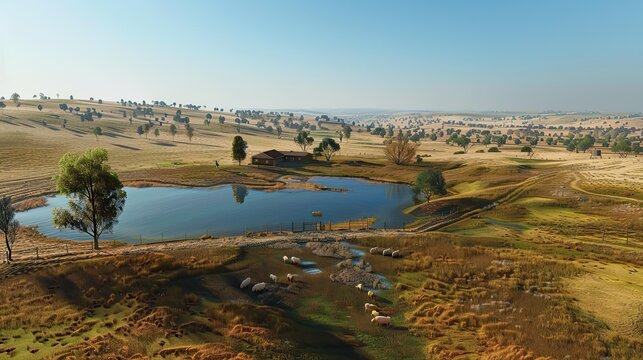 large Western Australian sheep farm, aerial view, farm house, sheep, small dam, summer clear sky, photo realistic,