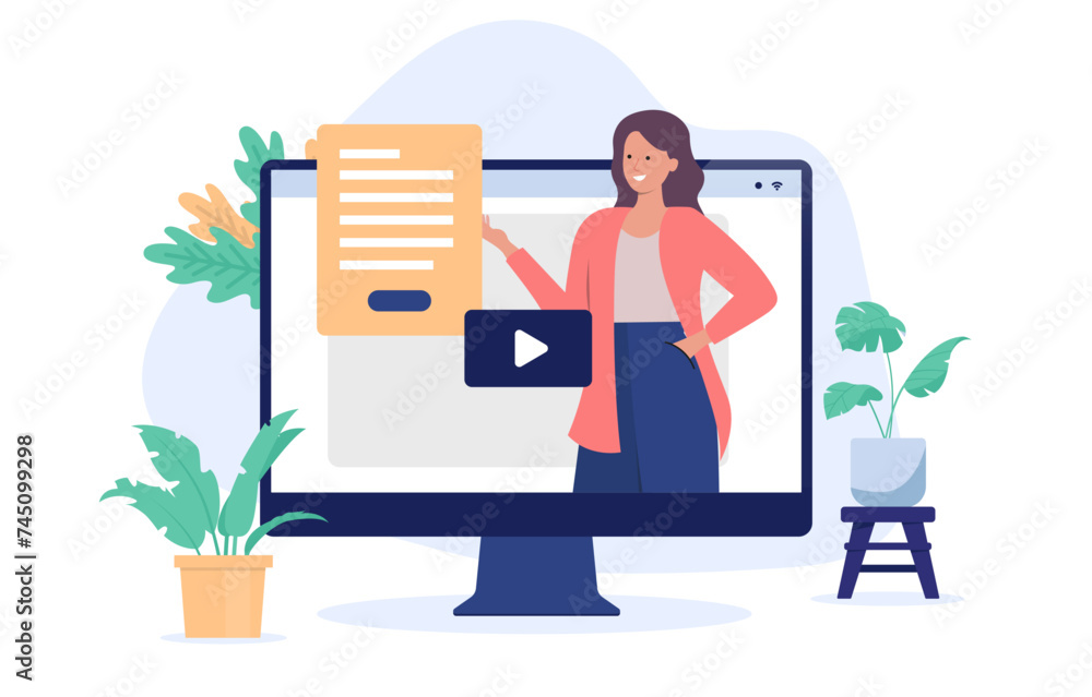 Poster Webinar - Computer screen with woman person holding lecture and online video course presentation with information document. Flat design vector illustration with white background