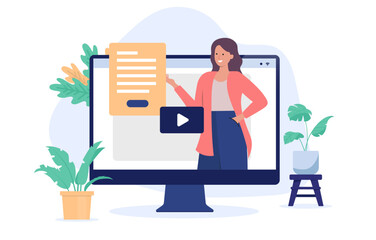 Webinar - Computer screen with woman person holding lecture and online video course presentation with information document. Flat design vector illustration with white background