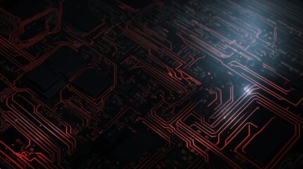 Close-up of circuit board glowing with red and white lines and electronic parts 