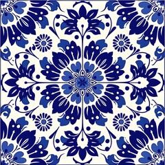 Tile Design: Azulejo Inspired Intricate Florals, Square Background, Hand Edited Generative AI