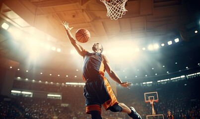 Airborne Elevation: A Basketball Player's Gravity-Defying Dunk Showcasing Skill, Power, and Precision - obrazy, fototapety, plakaty