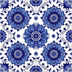 Tile Design: Azulejo Inspired Intricate Florals, Square Background, Hand Edited Generative AI