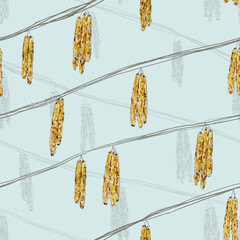 Seamless background: yellow hazel tree earrings on a blue background. Multiple repeating elements. Watercolor 