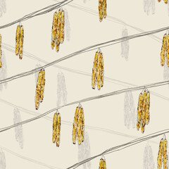 Seamless background: hazel tree earrings on a yellow background. Multiple repeating elements. Watercolor 