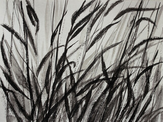 Seamless pattern with rowan trees. In black and red on a gray background. Stylized in Asian style. Ink