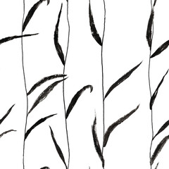 Seamless pattern: black cattail or reed in Asian style on a white background. Plenty of repeating elements. Aquatic swamp grass drawn in ink