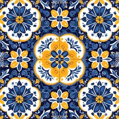 Tile Design: Azulejo Inspired Vibrant Geometry, Square Background, Hand Edited Generative AI