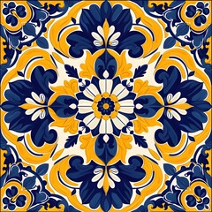 Tile Design: Azulejo Inspired Vibrant Geometry, Square Background, Hand Edited Generative AI