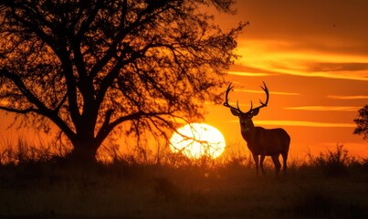 Deer Standing in Field With Setting Sun