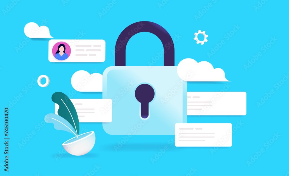 Poster Digital security and privacy - Padlock with online content locked and secured showing protection and secure content. Semi flat design vector illustration