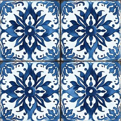 Tile Design: Azulejo Inspired Classic Blue and White, Square Background, Hand Edited Generative AI