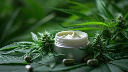 Obraz na płótnie Canvas Jar of hemp white lotion. Cannabis cream with marijuana leaf - cannabis concept. Flat lay, top view