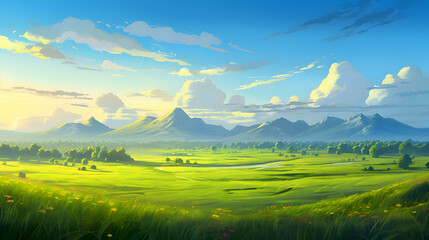 A serene agricultural landscape painted with hues of green, illuminated by the soft glow of the morning sun