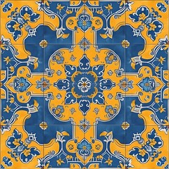  Tile Design: Vibrant Cobalt Blue and Yellow Floral Geometry, Azulejo Inspired, Square Background,  Hand Edited Generative AI