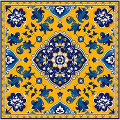  Tile Design: Vibrant Cobalt Blue and Yellow Floral Geometry, Azulejo Inspired, Square Background,  Hand Edited Generative AI