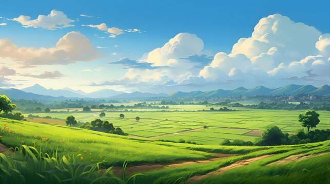 A serene agricultural landscape painted with hues of green, illuminated by the soft glow of the morning sun