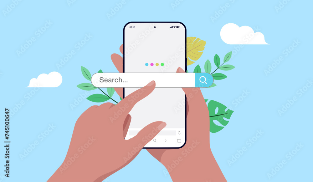 Poster phone search engine - mobile phone screen with search bar and hand searching online. flat design vec