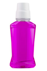 Bottle with pink liquid cosmetic for teeth, isolated on white background.