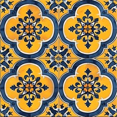  Tile Design: Vibrant Cobalt Blue and Yellow Floral Geometry, Azulejo Inspired, Square Background,  Hand Edited Generative AI