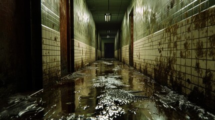 Dark corridor. Mystical interior of dark empty corridor, tunnel in an abandoned house. Dark mysterious corridor. The interior of an abandoned house, road to hell. - 745100654