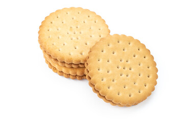 Two round sandwich biscuits isolated on a white background.