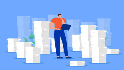 Paperwork and archiving - Office person standing with laptop with big stack of papers working and thinking. Lots of work concept in flat design vector illustration