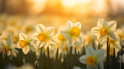 Daffodils in the field. Spring flowers in evening lit by the setting sun. - 745101079