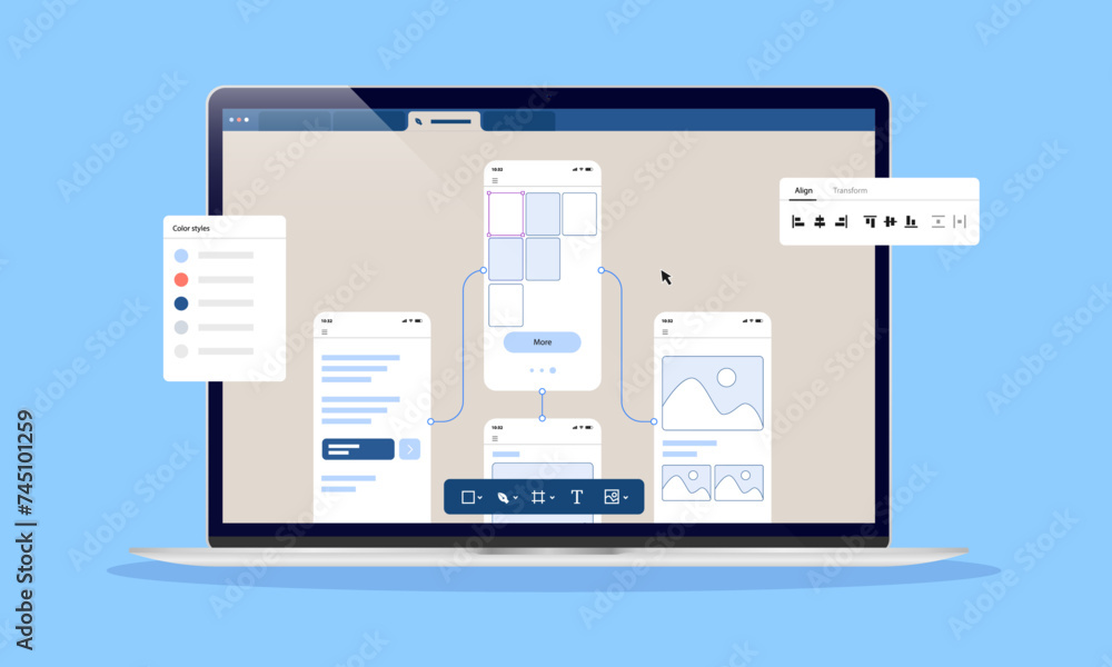 Fototapete Website prototype and wireframes - Laptop computer screen with web page development and design sketch software. Flat design vector illustration in front view