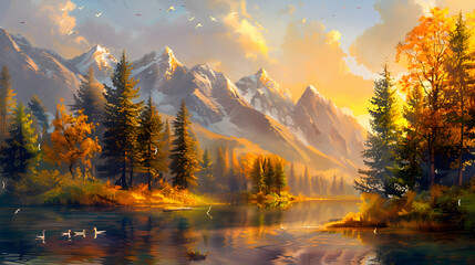 A serene lake nestled amidst rolling hills and towering pines, its glassy surface mirroring the vibrant colors of the surrounding autumn foliage under a warm, golden sunset - obrazy, fototapety, plakaty