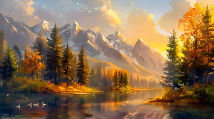 Poster A serene lake nestled amidst rolling hills and towering pines, its glassy surface mirroring the vibrant colors of the surrounding autumn foliage under a warm, golden sunset © Muhammad